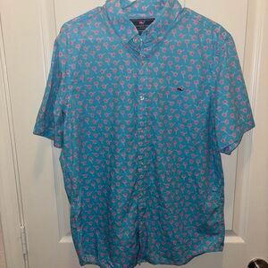 Vineyard Vines Men's Blue and Pink Palm Tropical Button Down Slim Whale Shirt